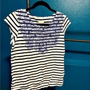 Anthropologie Navy and White Striped Tee with embroidery